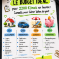 Une femme souriante vérifie son budget avec une calculatrice et des documents financiers