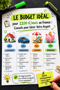 Une femme souriante vérifie son budget avec une calculatrice et des documents financiers