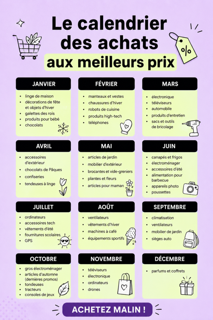 Vue d'ensemble d'un calendrier d'achat pour 2023 avec des dates marquées pour des promotions