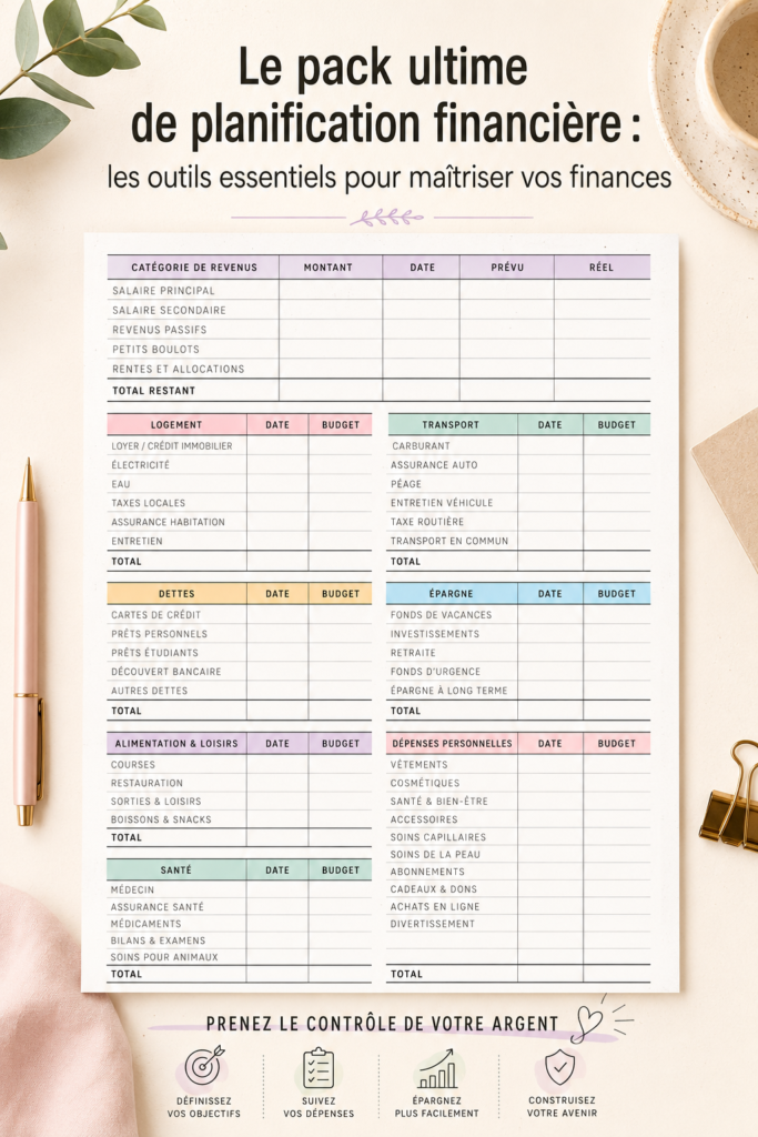 Un planner financier ouvert avec crayons et calculator sur une table en bois