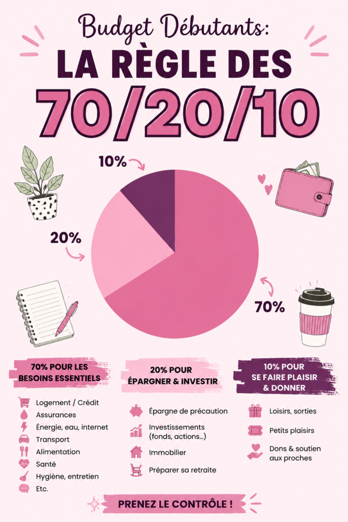 Femme en train de planifier son budget avec la méthode 70/20/10, entourée de notes et d'un ordinateur.