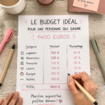 Femme souriante regardant un ordinateur tout en gérant son budget mensuel avec un revenu de 1400 euros.