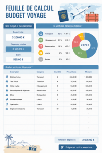 Femme examinant un tableau de budget de voyage avec enthousiasme.