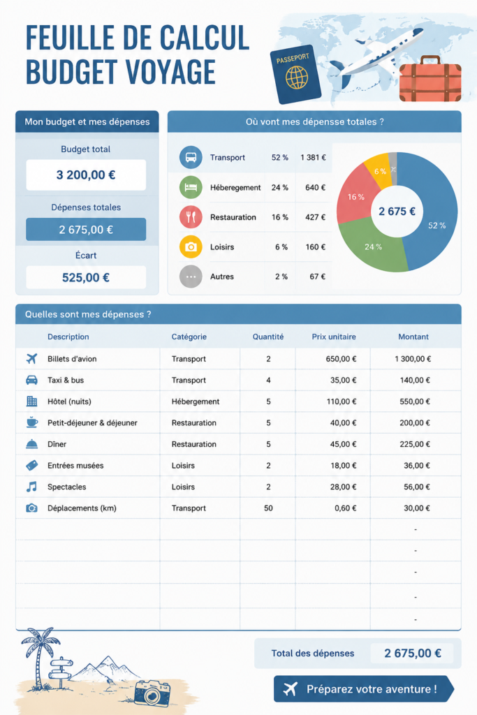 Femme examinant un tableau de budget de voyage avec enthousiasme.