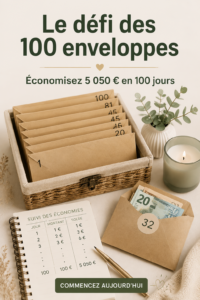 Un visuel illustrant le défi des 100 enveloppes avec des enveloppes colorées et un calendrier.