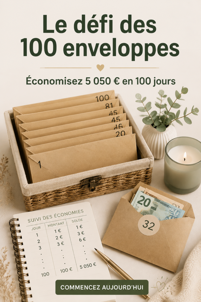 Un visuel illustrant le défi des 100 enveloppes avec des enveloppes colorées et un calendrier.