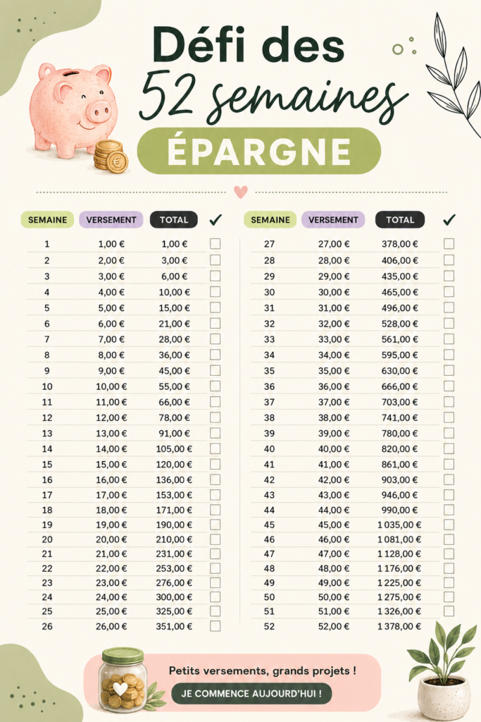 Illustration du défi des 52 semaines épargne avec des billets de banque et un carnet de suivi.