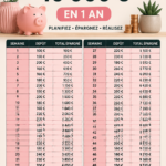 Femme heureuse et confiante regardant son budget avec des billets d'argent et un carnet.