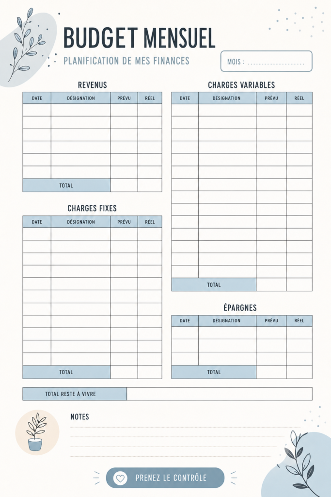 Modèle PDF à imprimer pour la gestion budgétaire mensuelle