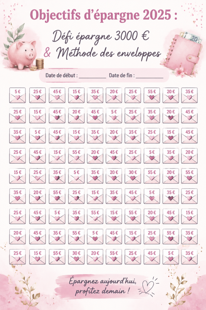 Une femme souriante planifie son budget d'épargne pour 2025 avec un cahier et des enveloppes colorées.