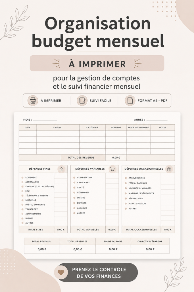 Modèle de budget mensuel à imprimer, design simple et pratique.
