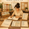 Femme souriante en train d'organiser son espace de travail