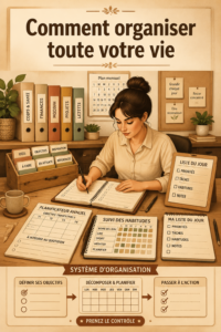 Femme souriante en train d'organiser son espace de travail