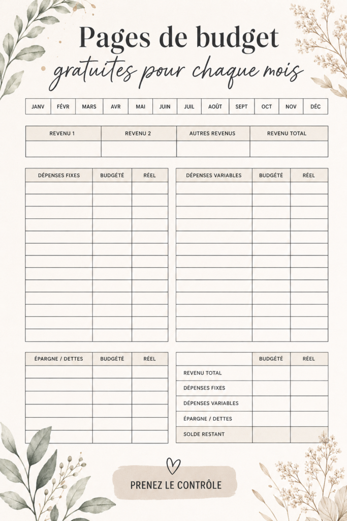 Exemple de pages de budget imprimables pour organiser ses finances mensuellement