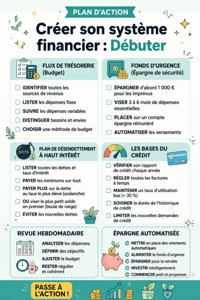 Femme souriante réfléchissant à son budget avec des outils financiers en arrière-plan.