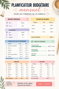 Un planner de budget familial ouvert sur une table, avec des stylos colorés pour une organisation pratique.