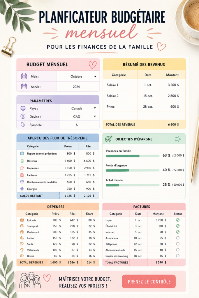 Un planner de budget familial ouvert sur une table, avec des stylos colorés pour une organisation pratique.