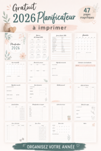 Planificateur imprimable gratuit 2026 avec 47 belles pages disponibles.