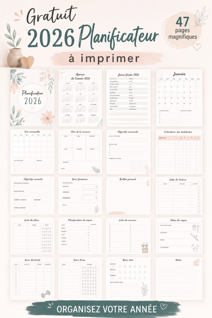 Planificateur imprimable gratuit 2026 avec 47 belles pages disponibles.