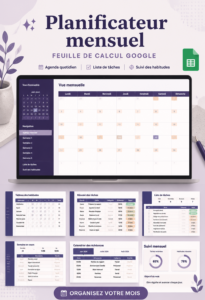 Un planner Google Sheet ouvert sur un écran d'ordinateur, illustrant un mois bien organisé.