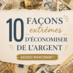 Femme souriante consultant ses finances avec des astuces d'économies en arrière-plan.