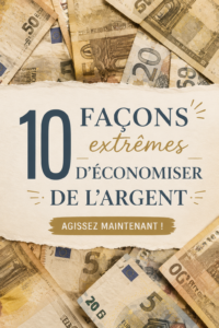 Femme souriante consultant ses finances avec des astuces d'économies en arrière-plan.