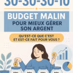 Une femme souriante en train de gérer son budget avec un carnet et un stylo
