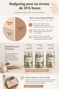 Femme analysant son budget avec un revenu de 20$/heure et un ordinateur portable.