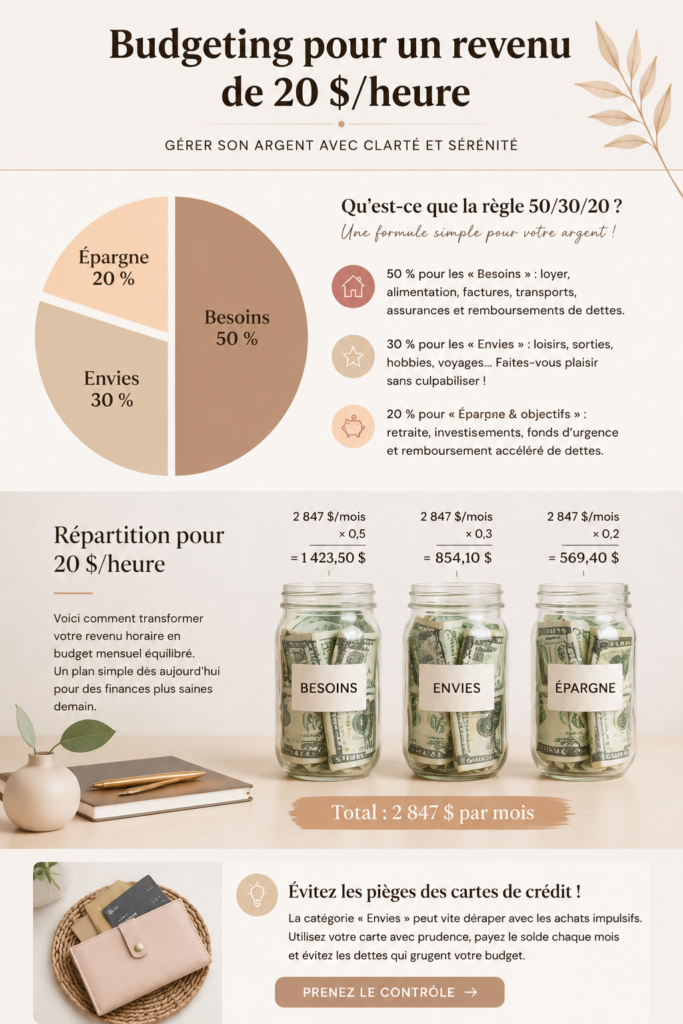 Femme analysant son budget avec un revenu de 20$/heure et un ordinateur portable.