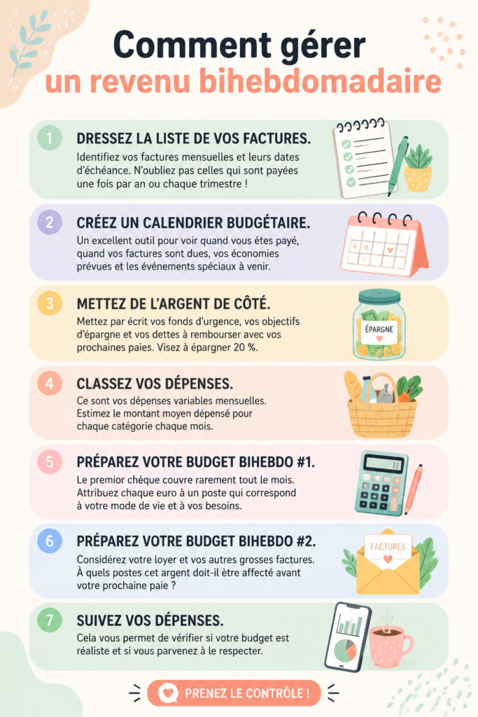 Femme souriante établissant son budget avec un revenu bi-hebdomadaire.