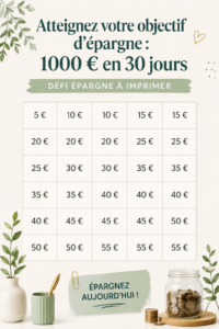 femme souriante regardant un tableau avec un plan d'épargne de 1000 euros