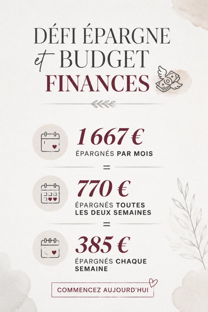 Femme souriante devant un tableau de suivi de ses économies, symbolisant un défi d'épargne réussi.