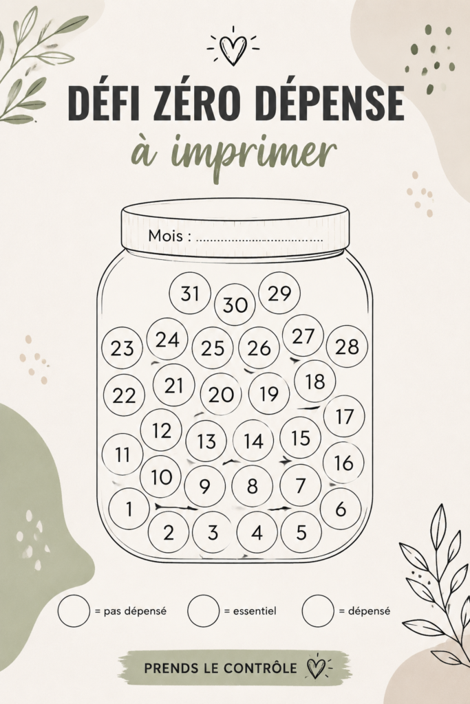 Imprimables colorés pour un défi sans dépenses sur un bureau.