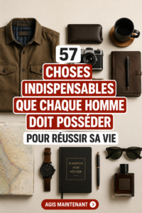 Une collection d'objets essentiels pour réussir sa vie, comme un agenda, des livres, et des outils de motivation.