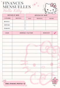 Femme utilisant une feuille de budget Hello Kitty pour gérer ses finances mensuelles