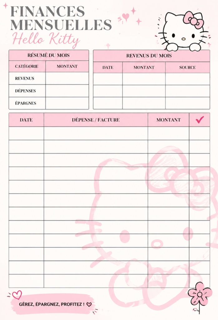 Femme utilisant une feuille de budget Hello Kitty pour gérer ses finances mensuelles