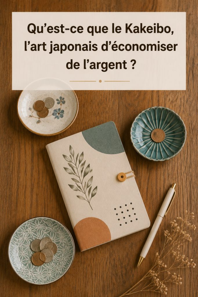 Dessin représentant une personne qui utilise un Kakeibo pour gérer ses finances, avec des éléments financiers autour d'elle.