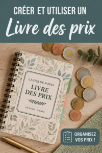 Une table ornée d'un livre de prix DIY ouvert avec des notes de dépenses et des outils créatifs.