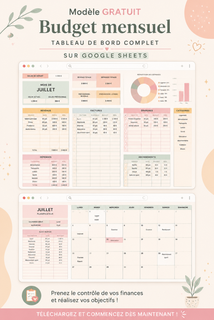 Modèle de budget mensuel sur Google Sheets affiché sur un ordinateur.