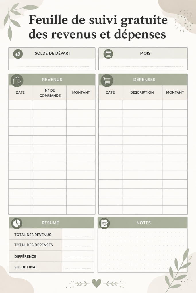 Tableau pratique pour suivre les revenus et dépenses personnelles.