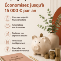 Femme souriante regardant son budget avec un ordinateur et un carnet d'épargne