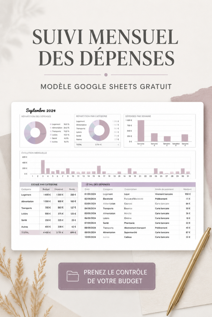 Modèle de suivi de dépenses sur Google Sheets avec des graphiques et des tableaux.