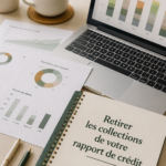 Femme consultant son rapport de crédit avec un sourire, illustrant la gestion des finances personnelles.