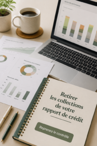 Femme consultant son rapport de crédit avec un sourire, illustrant la gestion des finances personnelles.