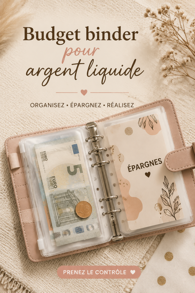 Binder ouvert avec des enveloppes pour gérer le budget et des stylos colorés