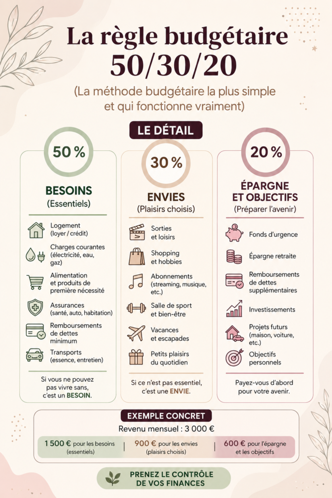 Image montrant un budget personnel basé sur la méthode 50/30/20, avec des pourcentages de dépenses