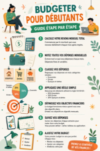 Femme souriante établissant son budget sur un ordinateur avec des notes et un café.