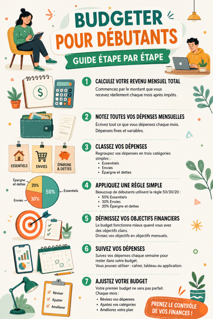 Femme souriante établissant son budget sur un ordinateur avec des notes et un café.