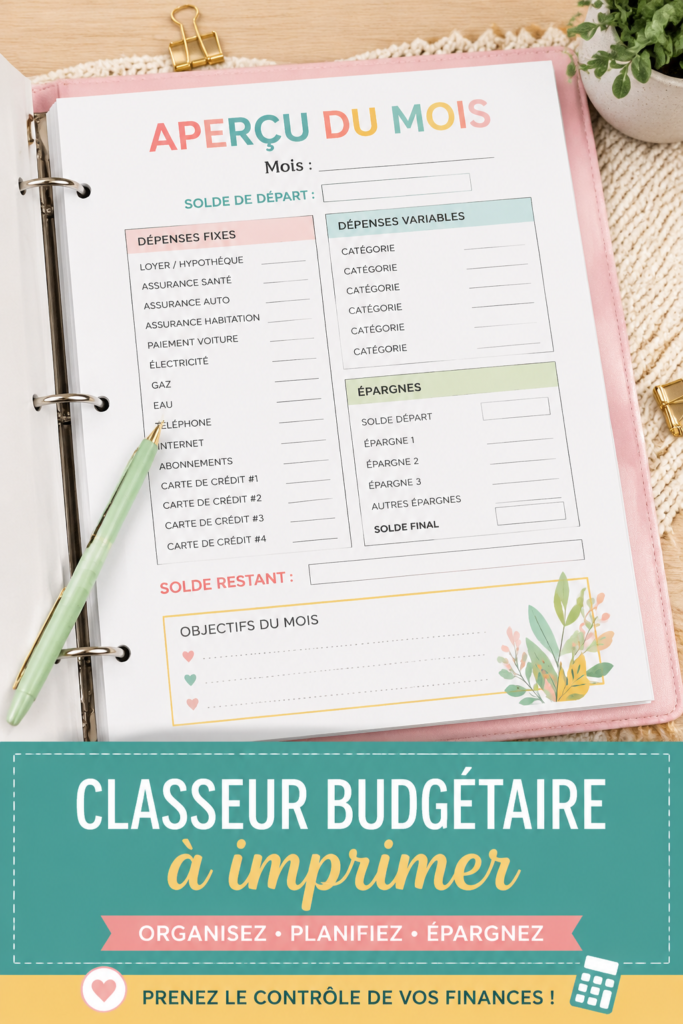 Une femme souriante utilisant son carnet de budget imprimable pour gérer ses finances.