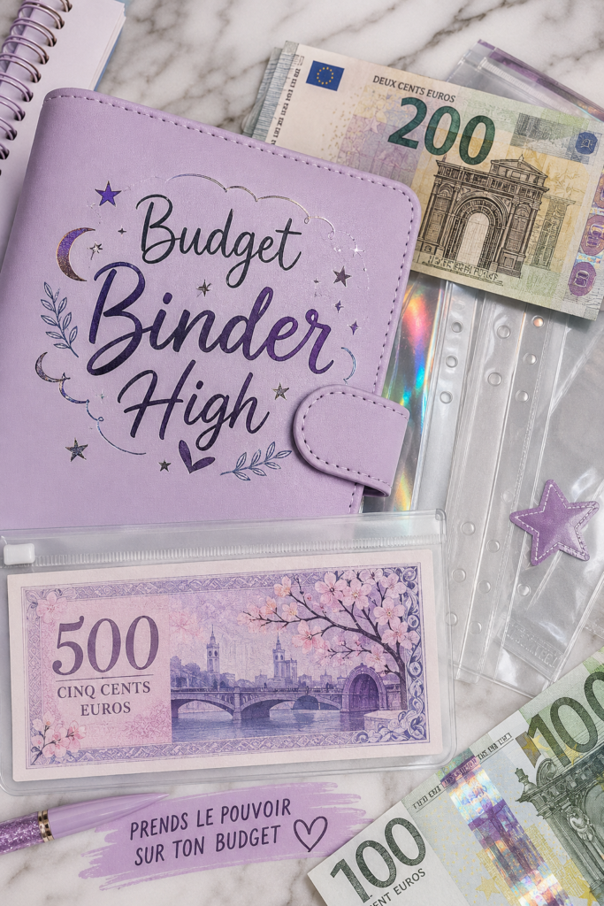 Photo d'un classeur de budget ouvert avec des feuilles organisées, montrant une gestion financière claire.